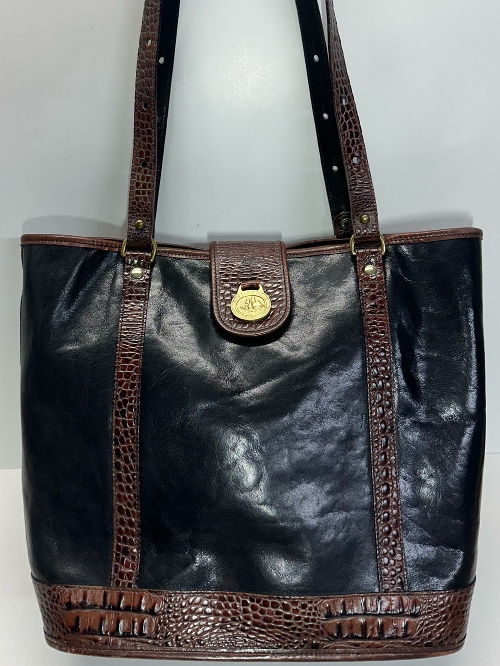 Vintage Brahmin Shoulder Tote Bag Bucket Black/Brown Large Leather Bag w/ Pouch